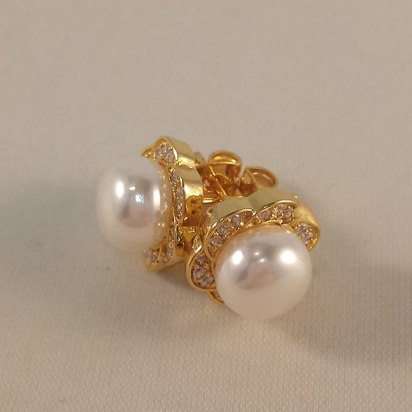 18K Yellow Gold Filled Pearl Swirl Flower Diamond Topaz Zircon Stud Earrings - Picture 3 of 6